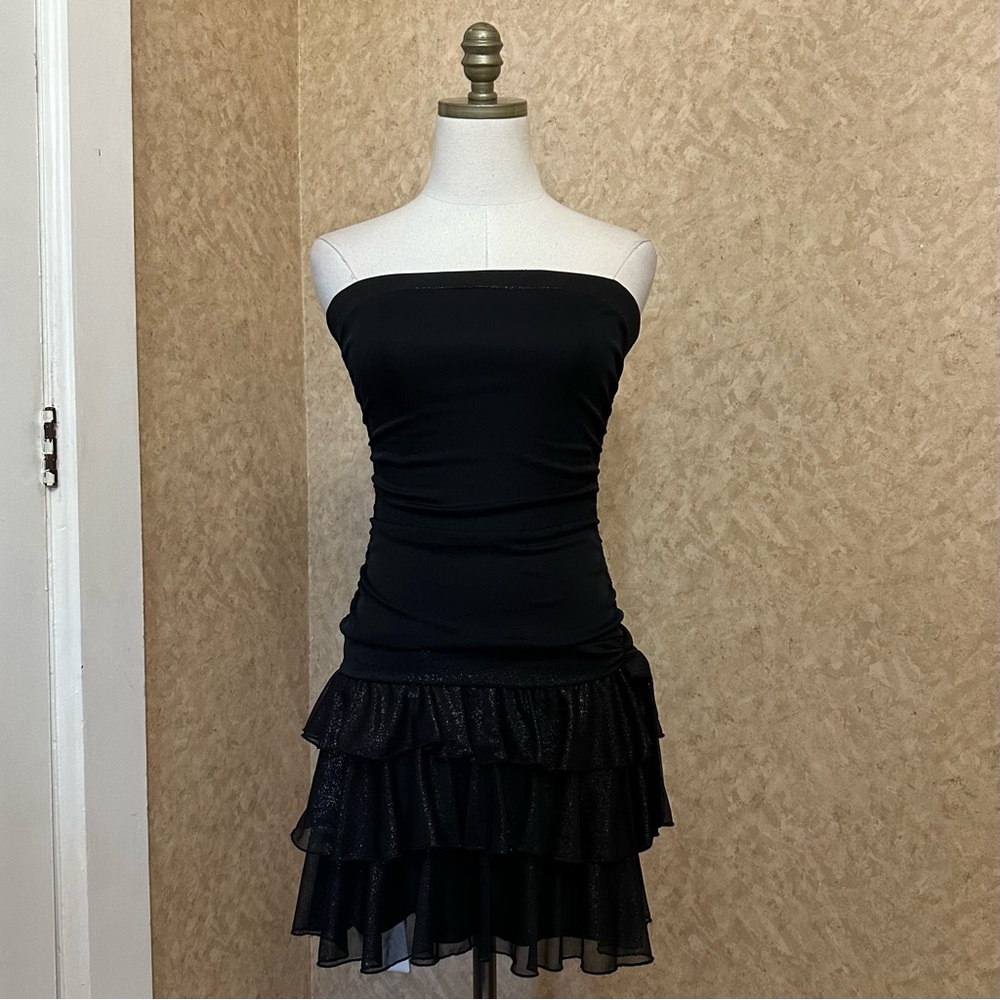 VTG Y2K 2000s Black & Gold Shimmer Tiered Bow Tie Mini Tube Dress